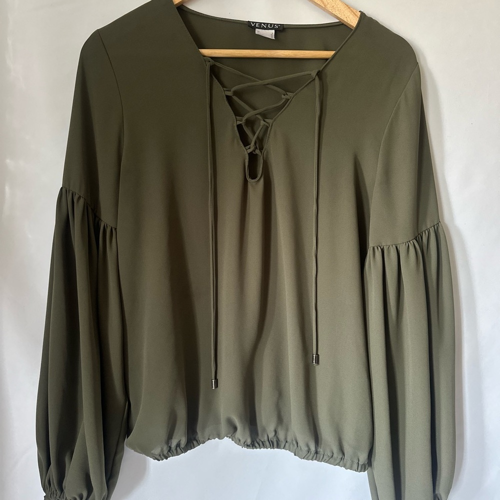 VENUS Boho Romantic Deep Olive Lace-Up Blouse - Size 8
